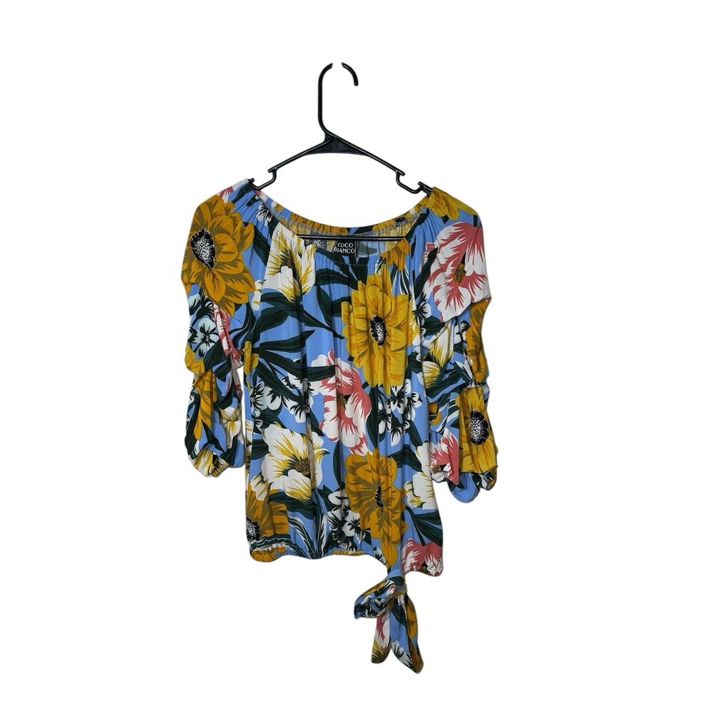 Coco Bianco Womens Size Small Top Bell Sleeves Tie Front Floral India